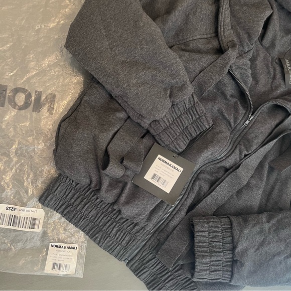 $365 Norma Kamali Hooded Zip Bomber Jacket Dark Heather Gray Pockets XXS OR XS - Picture 8 of 16